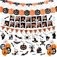 TOEKSIX Halloween Decorations Indoor Set – Reusable Happy Halloween Banner, Bunting Garland, Trick or Treat Sign with Spooky Hanging Decorations for Party, Home & Office