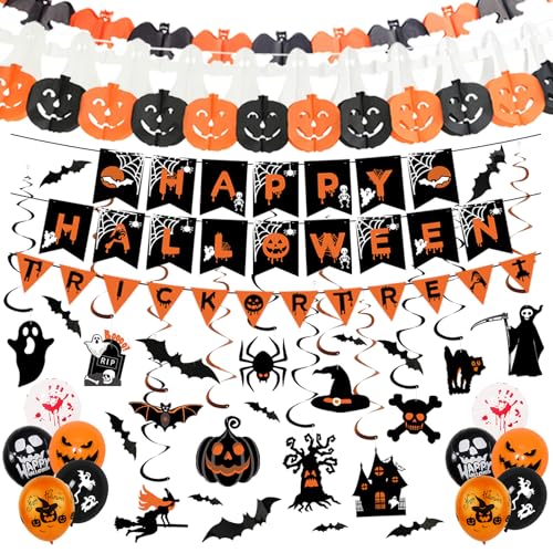 TOEKSIX Halloween Decorations Indoor Set – Reusable Happy Halloween Banner, Bunting Garland, Trick or Treat Sign with Spooky Hanging Decorations for Party, Home & Office