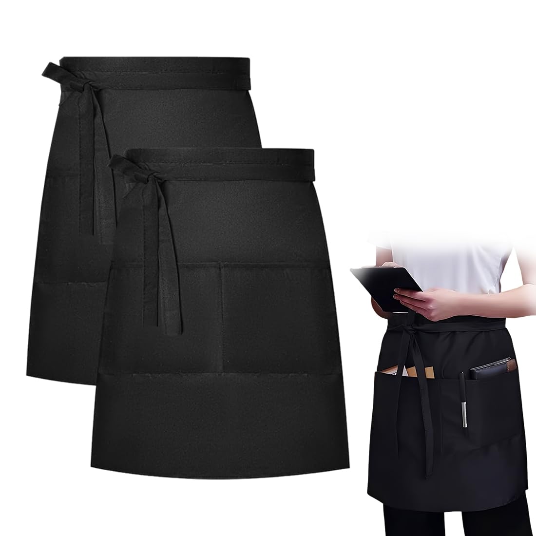 GXGM 2 Pezzi Grembiuli da Cameriera, Grembiule Cucina Donna, Corto Grembiule con 2 Tasche per Chef Lavoro Caffè Ristorante Bistrot Giardino Bar