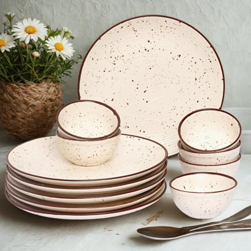 Image of Freakway Handcrafted Ceramic Stoneware Dinner Set of 12 Pieces with Serving Bowls | 6 Dinner Plates & 6 Bowl /katori | Bone Ash Free | Microwave and Dishwasher Safe - Off White