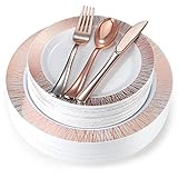 180-Piece Rose Gold Plates & Dinnerware Set - Large & Small Rose Gold Party Plates with Plastic...