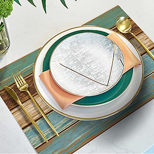Mcalk Farmhouse Table Runner And Placemats Set Of 6, Teal And Brown Placemats Wooden Texture,Rectangle Cloth Place Mats Indoor For Kitchen,Washable Placemats Linen Material For Living Table #TOP1