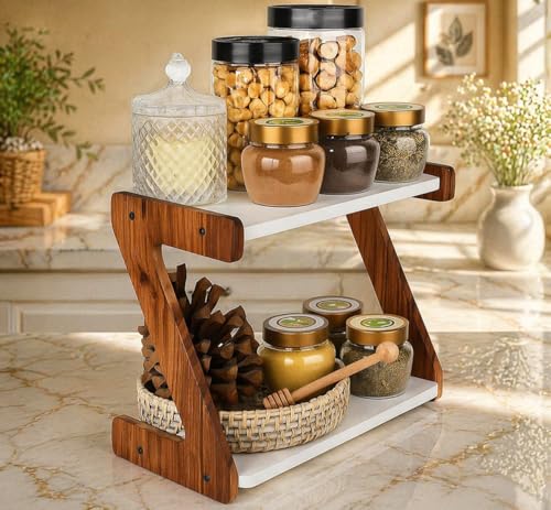 Image of 2-Tier Wooden kitchen organizer items and storage, kitchen organiser, kitchen stand, with Z-Shape kitchen rack organizer, 2-Tier Wooden Spice Rack Organizer, 33 x 16 x 25 cm, White Shelves