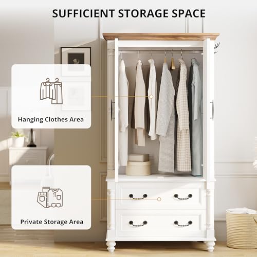 LIKIMIO Farmhouse Armoire Wardrobe Closet with 2 Doors and 2 Drawers, 70" H x 36" W, Large Bedroom Armoire with Roman Column and 3 Hanging Hooks, Wooden Freestanding Closet Cabinet, White - Image 5