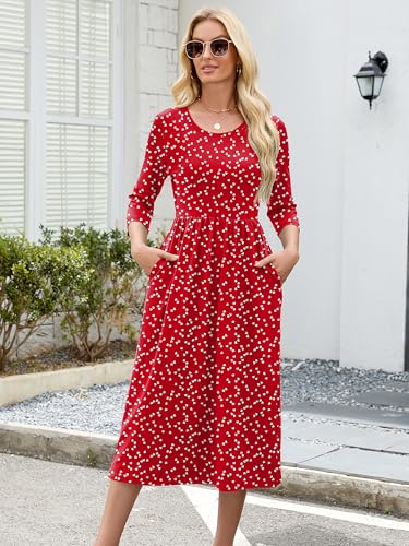 Image of Heymoments Women's Casual 3 /4 Sleeve Midi Dress Crewneck A Line Tiered Flowy Loose Travel Long Dresses with Pockets