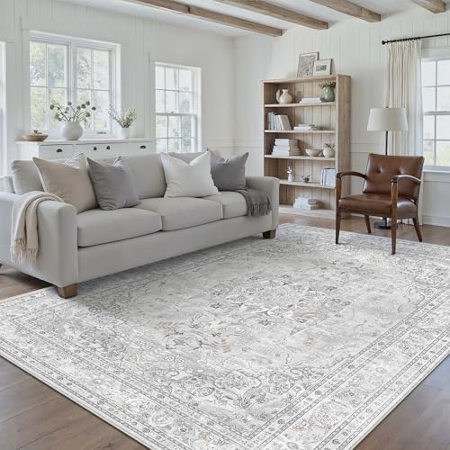 PureCozy Grey 6x9 Area Rug Washable Vintage Carpet for Living Room Bedroom Large Soft Retro Floral Low Pile Thin Indoor Rug Non Slip Central Medallion Floor Cover for Dining Room Office 6' x