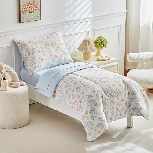 Image of JHXHMX 4 Pieces Toddler Bedding Set,Orange Floral Toddler Comforter Sets for Girls,Soft Crib Bed Sheets Set Includes Quilted Comforter,Fitted Sheet,Flat Top Sheet and Envelope Pillowcase