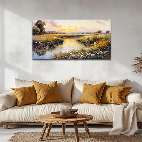 PHAOHUAXM Canvas Wall Art For Bedroom Wall Decorations For Living Room Office Decor Rivulet View Painting Farmhouse Field Scenery Watercolour Pictures Printing Artworks Wall Home Decor 20x40 In