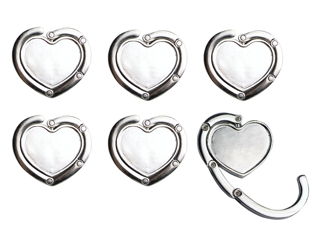 Kellegour 6 Pieces Foldable Handbag Hooks for Tables,Folding Handbag Table Hanger,Portable Bag Hook,Portable Handbag Hangers,Folding Purse Hook Silver for Restaurants,Cafes,Wallet,Bar,Heart Shaped