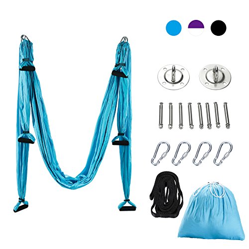 CO-Z Aerial Yoga Swing Sling Strong Yoga Hammock Kit Set Trapeze Inversion Exercises Include Ceiling Mounting Kit and 2 Extensions Straps (Blue)