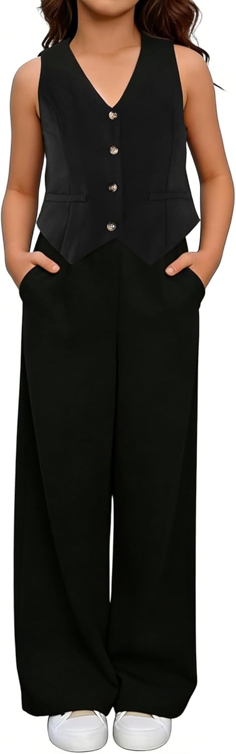 Girls Two Piece Outfits, Kids Vest And Wide Leg Pants Set, Back to School Outfits for Girls