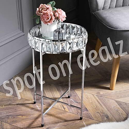 spot on dealz® Silver Crystal Mirrored Coffee Tables Round Bedside Table Removable Glass Top Tray Table Chrome Metal Side End Round Glass Kitchen Living Room Home Decor