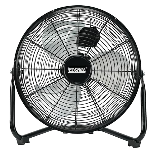 EZ-CHILL 12” Cradle Floor Fan, 3 Speed, High Velocity, 180 Degree Adjustable Tilt, All-Metal, Carry Handle, Rubber Feet, Airflow 15.42 ft/sec, Ideal for Home, Bedroom & Office, Black by EZ-CHILL - Used condition - US$33.93