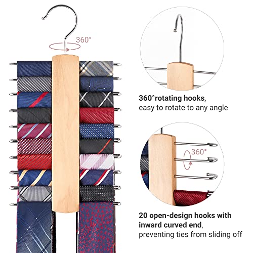 Mkono Wooden Tie Rack Retro Belt Storage Hanger Organizer for Men Closet Space Saving Rack with 20 Non-Slip Hooks for Ties Belt Scarf Organizer 360 Rotate Hanger Tie Display Holder (1 - Image 4
