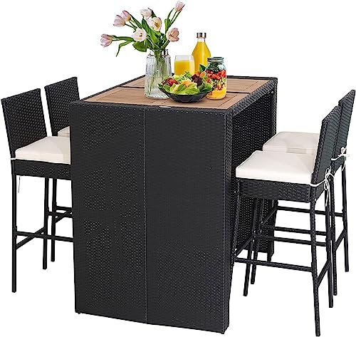 Image of DEVOKO 5 PCS Rattan Patio Bar Dining Set 4 Stackable Cushioned Chairs Wooden Tabletop for Poolside, Terrace, Garden (Black and Off-White)