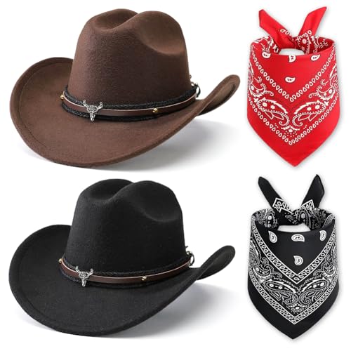 Chapeau de cowboy vintage tête de taureau et set de 4 pièces d'accessoires western uniques