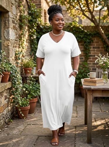 Image of Plus Size Maxi Dress for Women Short Sleeve V Neck Casual Loose Sundress with Pockets