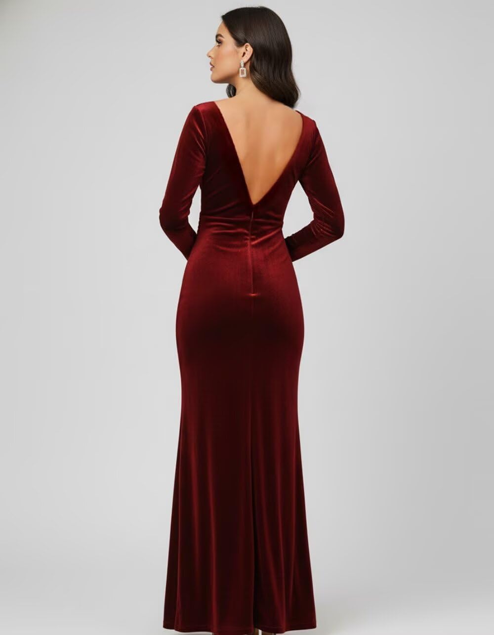 Long Sleeve Velvet Dress for Women Formal Long Mermaid V Neck Bridesmaid Dresses with Slit - Image 2