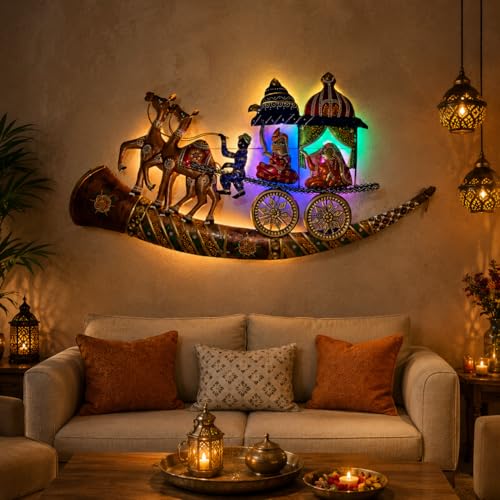 Image of iHandikart Traditional Rajasthani Metal Wall Art for Living Room | Handmade Royal Horse Cart Wall Sculpture with Musical Folk Design| Decorative Hanging Wall Decor for Home, Hall & Bedroom, 24*45 Inch