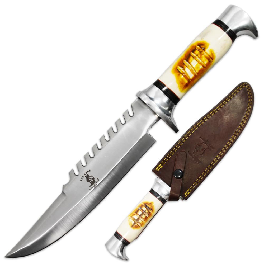 Fixed Blade Hunting Knife, 12.5" Overall Length, Stainless Steel Blade with Sawback, Bovine Bone Handle, Leather Sheath, Tactical Bowie Knife for Camping, Outdoor (BC 885-12.5 Inch)