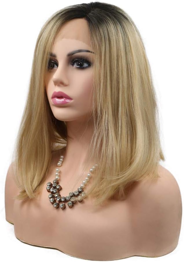 Sylvia 14" Ombre Mixed Blonde Synthetic Lace Front Wig Short Straight BOB Hairstyles Synthetic Wig Heat Resistant Fiber Hair Wig for Woman