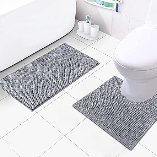 DINGC Tapis de Bain Chenille Antidérapant et Lavable, Set Tapis de Bain Tapis de Salle de Bain 50x80cm + Tapis de Toilette en u 50x50cm, Tapis de Toilette Absorbant pour Salle de Bain (Gris)