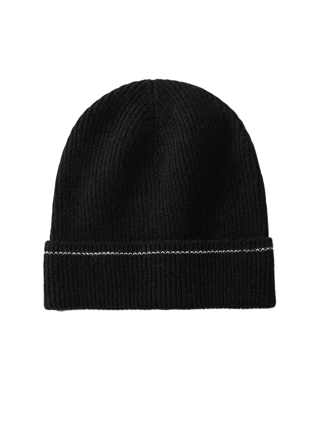 Bonnet de pêcheur en cachemire noir pour femme à côtes | Taille unique