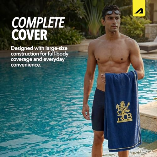 Image of Boldfit X Royal Challengers Bengaluru RCB Official Merchandise Bath Towel 100% Cotton Lightweight Soft & Absorbent Large Shower Towel for Gym, Sports, Bath, Beach & Pool Blue (70 x 140 cm)