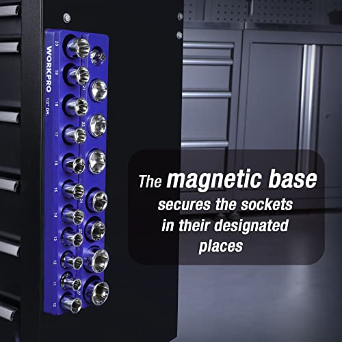 Image of WORKPRO Magnetic Socket Organizer, 1 /2-Inch Metric Socket Holder | Hold 19-Piece Sockets, Suitable for Standard and Deep Socket, Magnetic Base, No Scratches Installation, Sockets not Included