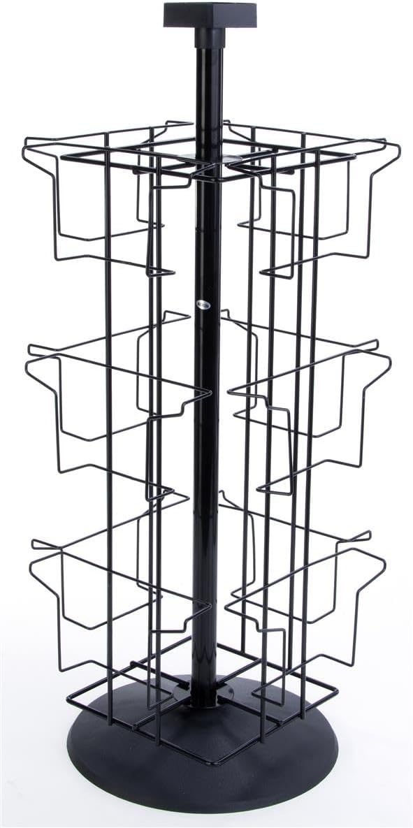 Counter Rotating Greeting Card Display w/ Sign Clip, 12 Horizontal Pockets - Black