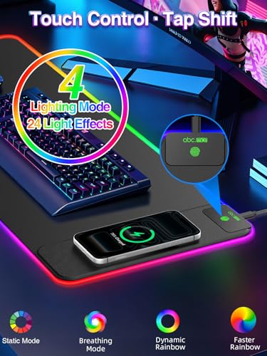 Image of XL RGB LED Gaming Mouse Pad with 15W Magnetic Wireless Charging | 31.5'' x 11.8'' Large Desk Mat, 24 Lighting Effects Keyboard Pad with Non-Slip Rubber Base, Waterproof Easy Gliding Surface