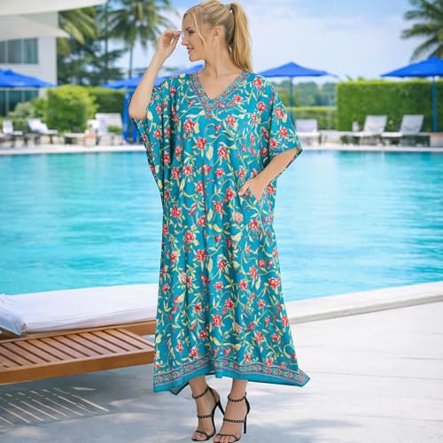 Image of Miss Lavish London Kaftan Dresses for Women Plus Size Long Batwing Sleeve Caftans, V Neck Moo Moo Printed Beach Cover Up Maxi Beach Dress, Bathing Suit Cover-Up Loungewear