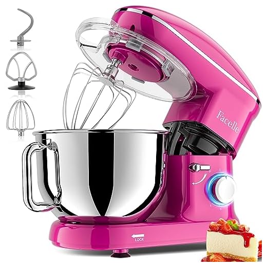 Batidora Amasadora 1500W, Facelle Amasadora de Pan Repostería Multifunción Tazón de Acero Inoxidable de 6,2LGancho para Masa,Batidor Plano, Batidor,Protector de Salpicaduras(rosa)
