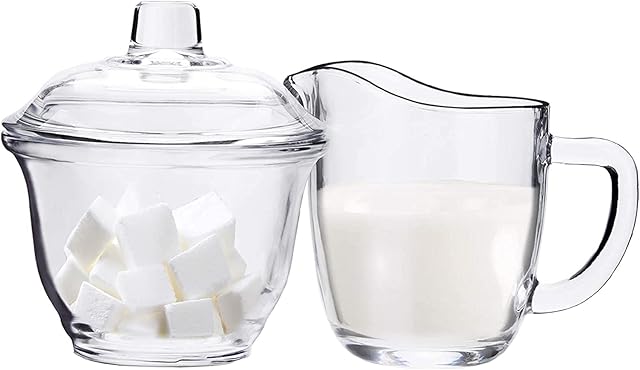 WUWEOT Glass Sugar and Creamer Set for Coffee and Tea, Clear Cream Pitcher and Sugar Bowl with Lid, Cream Jug Sugar Jar, Coffee Serving Set