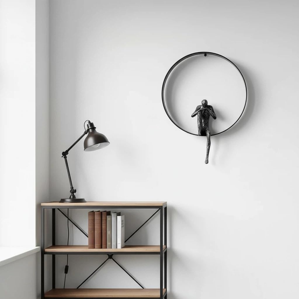ZSKXJBPF 3D Metal Wall Art Sculpture with Resin Thinker Figures, Modern Minimalist Iron Ring Wall Decor for Living Room Bedroom Office, Contemporary Hanging Artwork Home Decoration Gift (A)