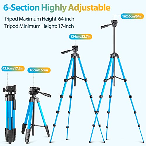 Image of Aureday Phone Tripod Stand, 64 inch Extendable Cell Phone&Camera Tripod with Wireless Remote and Phone Holder, Aluminum iPad Tripod for Video Recording /Selfies /Live Stream /Vlogging (Blue)
