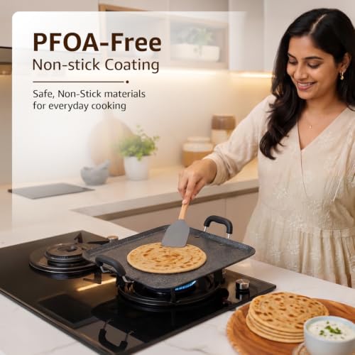 Image of Amazon Basics Aluminium Nonstick Square Tawa 30 cm | Heavy Gauge 3 mm | PFOA-Free | Even Heat Distribution |Black