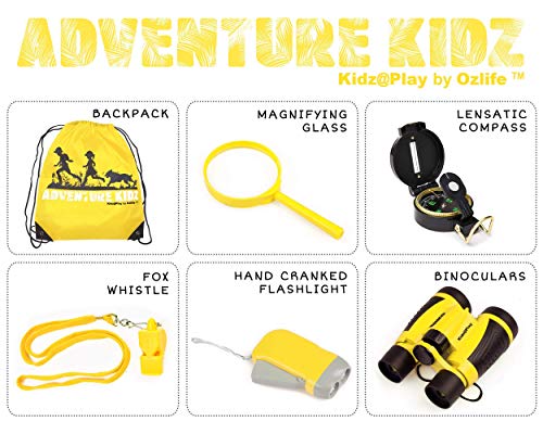 Adventure Kidz Outdoor Exploration Kit, Yellow Backpack, Binoculars, Magnifying Glass, Lensatic Compass, Fox Whistle For Boys And Girls #TOP1