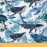 jejeloiu Whale Outdoor Fabric by The Yard, Ocean Marine Wave Upholstery Fabric for Chairs, Watercolor Aquatic Sealife Decorative Fabric for Home DIY Projects, 1 Yard, Blue