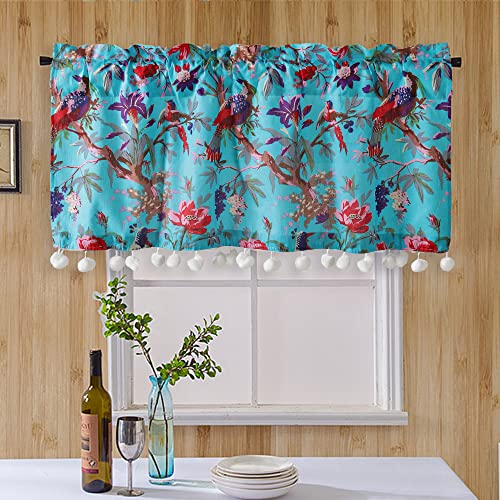 Image of Ravaiyaa - Attitude is everything Hand Printed Half Window Kitchen Curtain 100% Cotton Short Drapery Valance Curtain 40 inch X 18 inch Inch (Turquoise Bird)