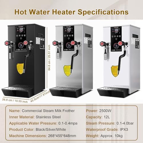 12L Commercial Milk Frother - 2500W Steam Boiler with LED Temperature Display, Stainless Steel Tank & Pressure Release Nozzle for Coffee/Tea Shops - High Capacity, Fast Heating
