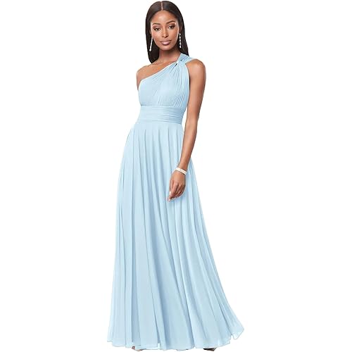 One Shoulder Bridesmaid Dresses for Women A Line Pleated Chiffon Long Formal Wedding Guest Dress with Pockets