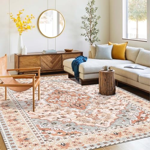 Washable Area Rug 5x8 | Non Slip Area Rug for Living Room, Bedrooms, Dining Room | Ultra-Soft Flannel Carpet Area with Rubber Backing (Rust Blue, 5x8)