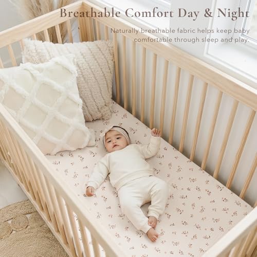 Image of Konssy Muslin Crib Sheets for Girl Boy, 2 PCS Soft and Breathable Cotton Baby Sheets for Standard Crib Mattress, 52 inchx 28 inch (Pink Sun,Khaki Leaf)