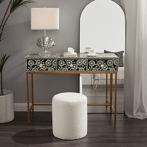 Get Set Style Modern Round Ottoman with Soft Padded Seat, Multifunctional Vanity Chairs for Makeup, Upholstered Footrest Stool Ottoman Foot Stool for Living Room, Bedroom, boucle, White