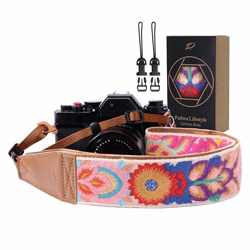 Image of Padwa Lifestyle Colorful Knit Camera Strap - 2 inch Full Grain Leather Ends Camera Straps for Photographers, Vintage Embroidered Cotton Soft Suede Fabric Padded Strap Quick Release fits All Cameras