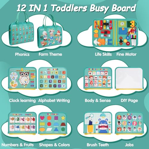 Image of Montessori Busy Board - Sensory Learning Toys for Toddlers 3-6 Years-10 Pages-32 Activities, Airplane Car Travel Educational Toys for Autism, 3 Years Boy Birthday Gift (Cyan)
