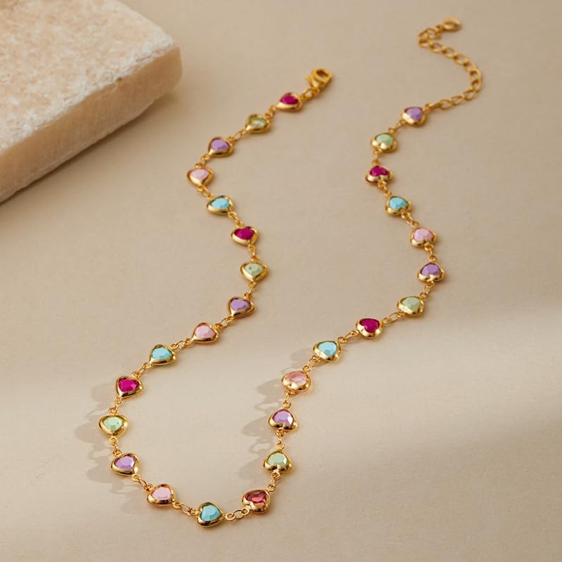 Dainty Colorful Rhinestone Hearts Beaded Choker Necklace for Women Trendy Multicolor Love Sparkly Crystal Rainbow Gemstone Chain Necklaces Sweet Party Prom Neck Jewelry Statement Summer Beach Vacation - Image 3