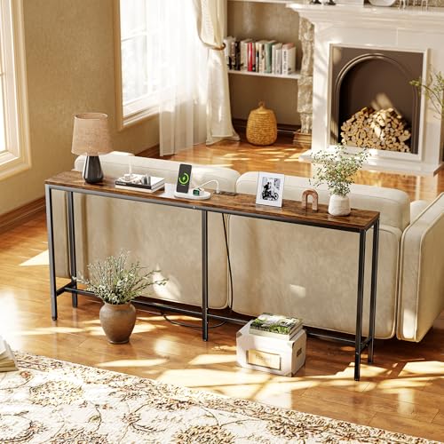 SUPERJARE 70 Inch Console Table with Outlet, Sofa Table with Charging Station, Narrow Entryway Table, Skinny Hallway Table, for Living Room, Rustic Brown by SUPERJARE - Image 4