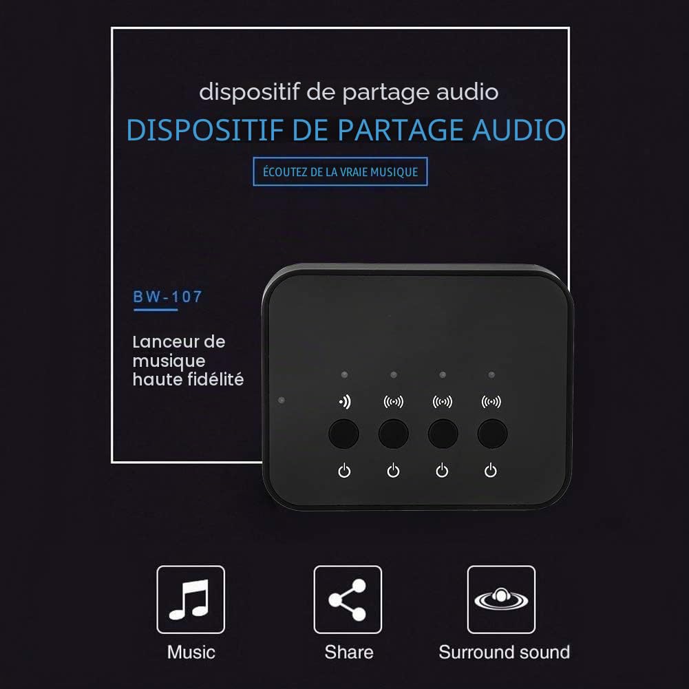 Splitter Bluetooth 1 entrée 3 sorties, adaptateur audio stéréo sans fil filaire 3,5 mm, compatible avec les téléphones mobiles, tablettes, ordinateurs portables, pour écouter de la musique, regarder d